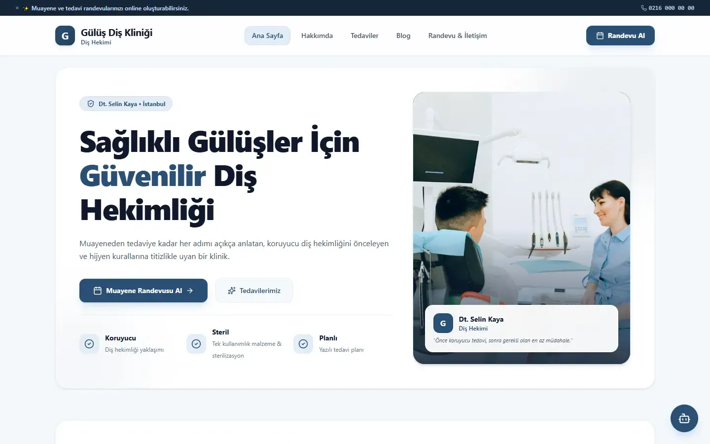 Diş Hekimi için örnek web sitesinin anasayfası