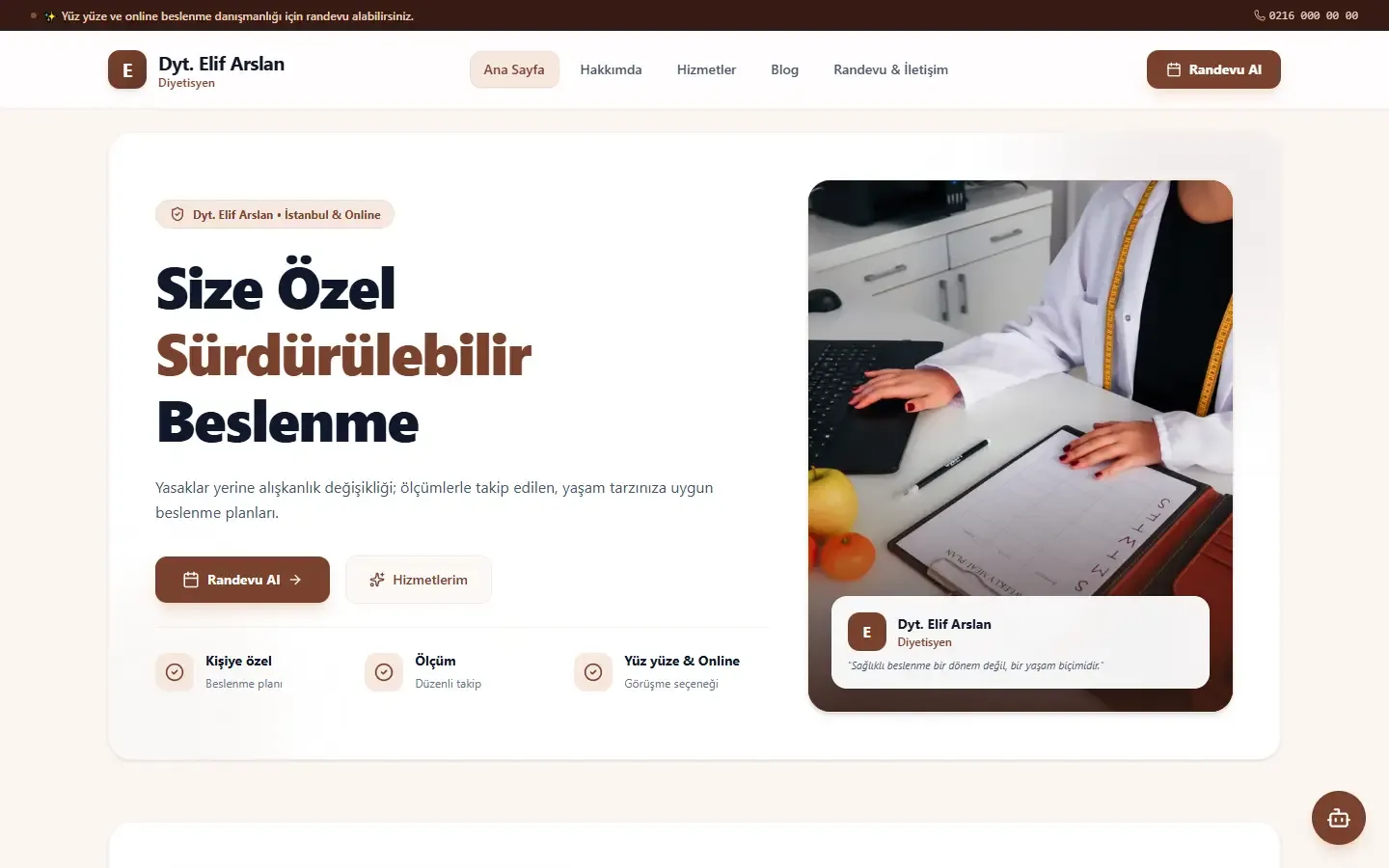 Diyetisyen için örnek web sitesinin anasayfası